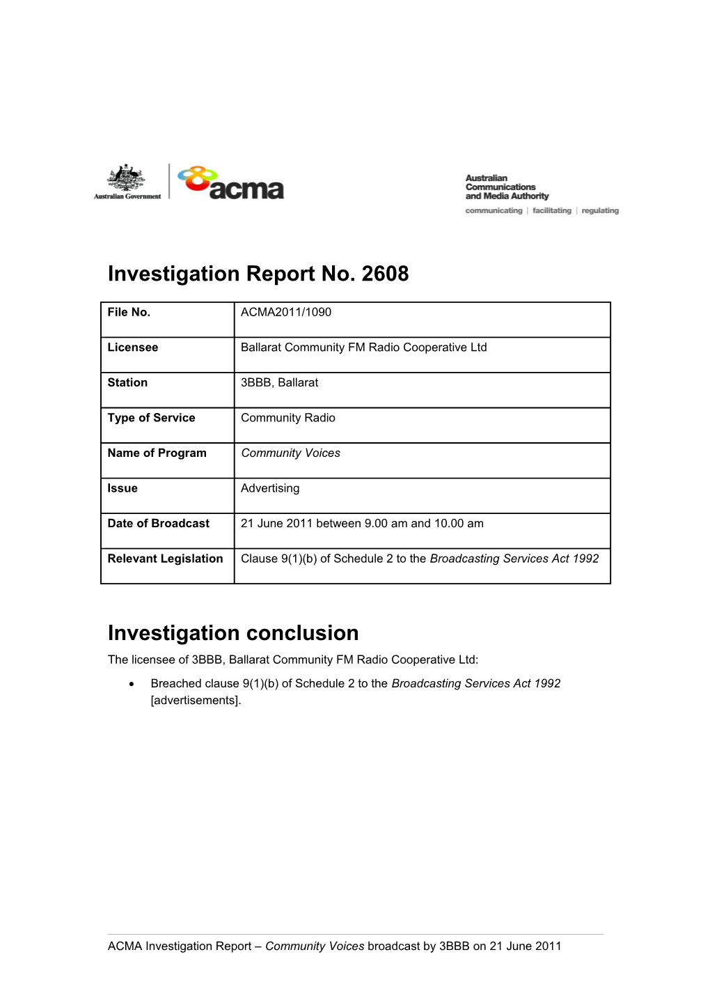 3BBB - ACMA Investigation Report 2608