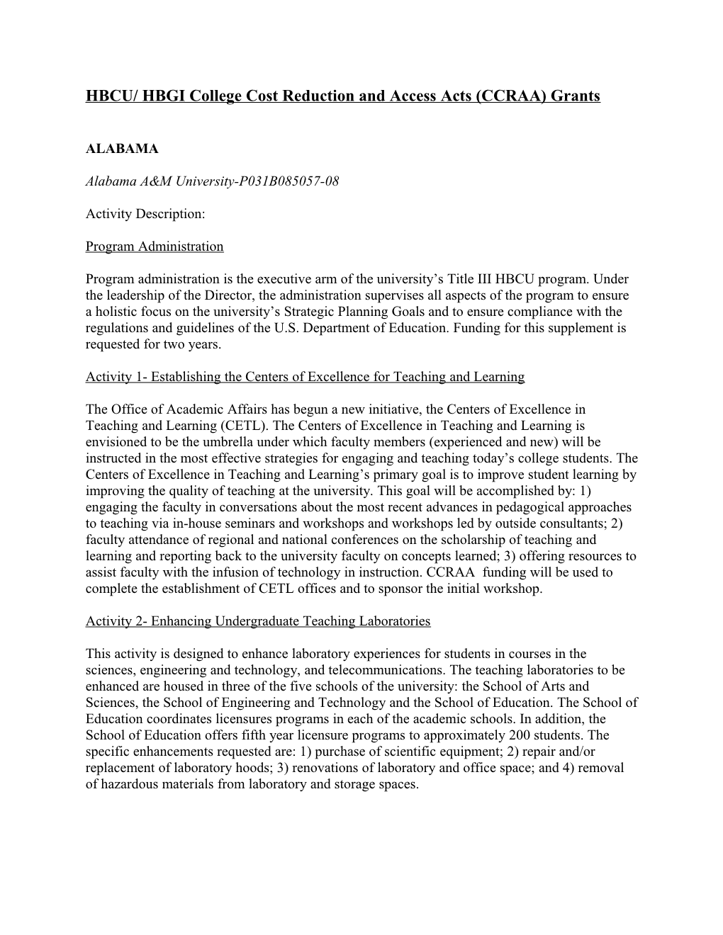 HBCU/ HBGI College Cost Reduction and Access Acts (CCRAA) FY 2008 Abstracts (MS Word)