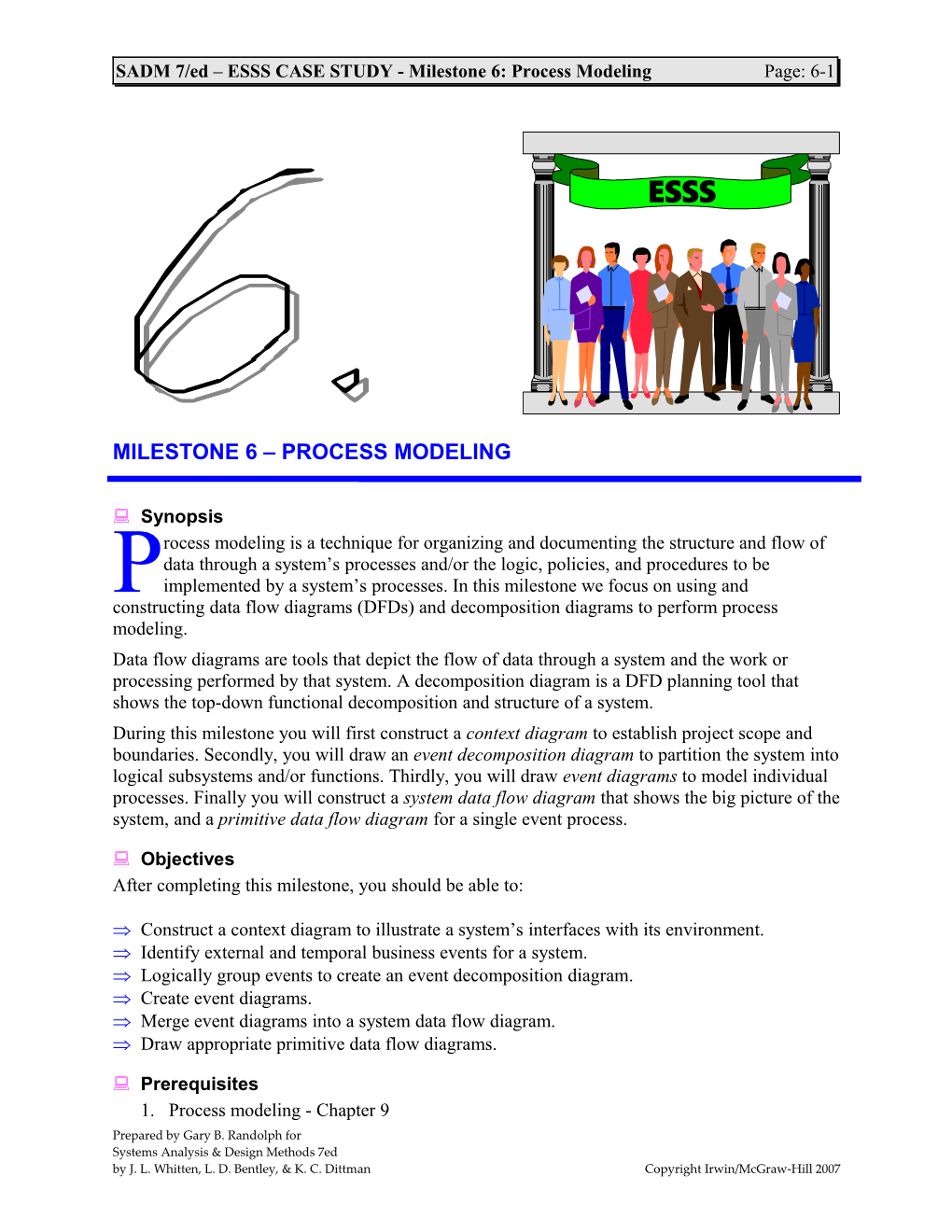 SADM 7/Ed ESSS CASE STUDY - Milestone 6: Process Modeling Page: 6-1
