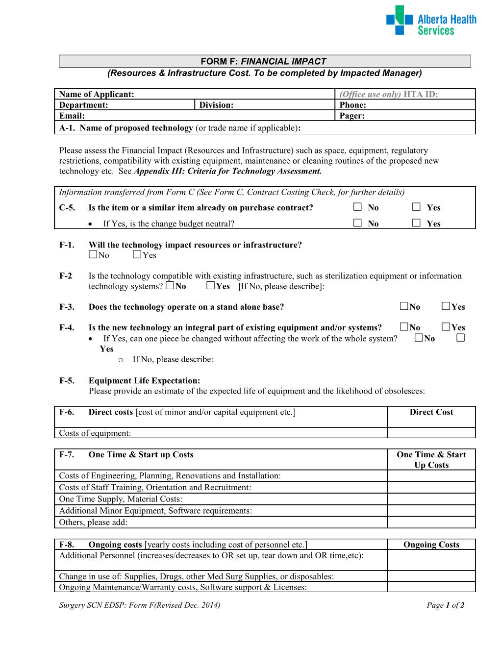 Surgery SCN EDSP: Form F