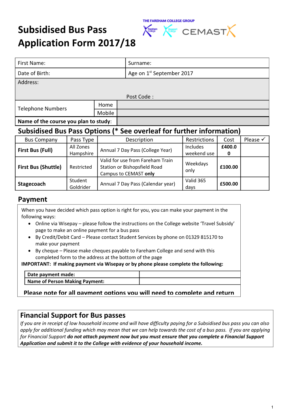 Bus Pass/Rail Subsidy Application Form for Full Time Students
