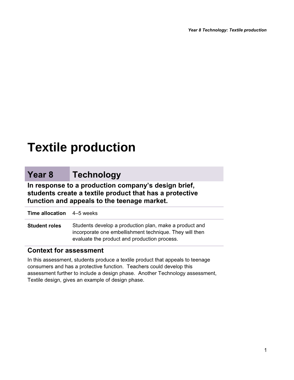 Year 8 Technology Assessment Teacher Guidelines Textile Production Queensland Essential