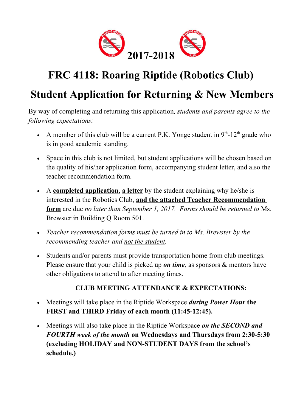 Student Application for Returning & New Members