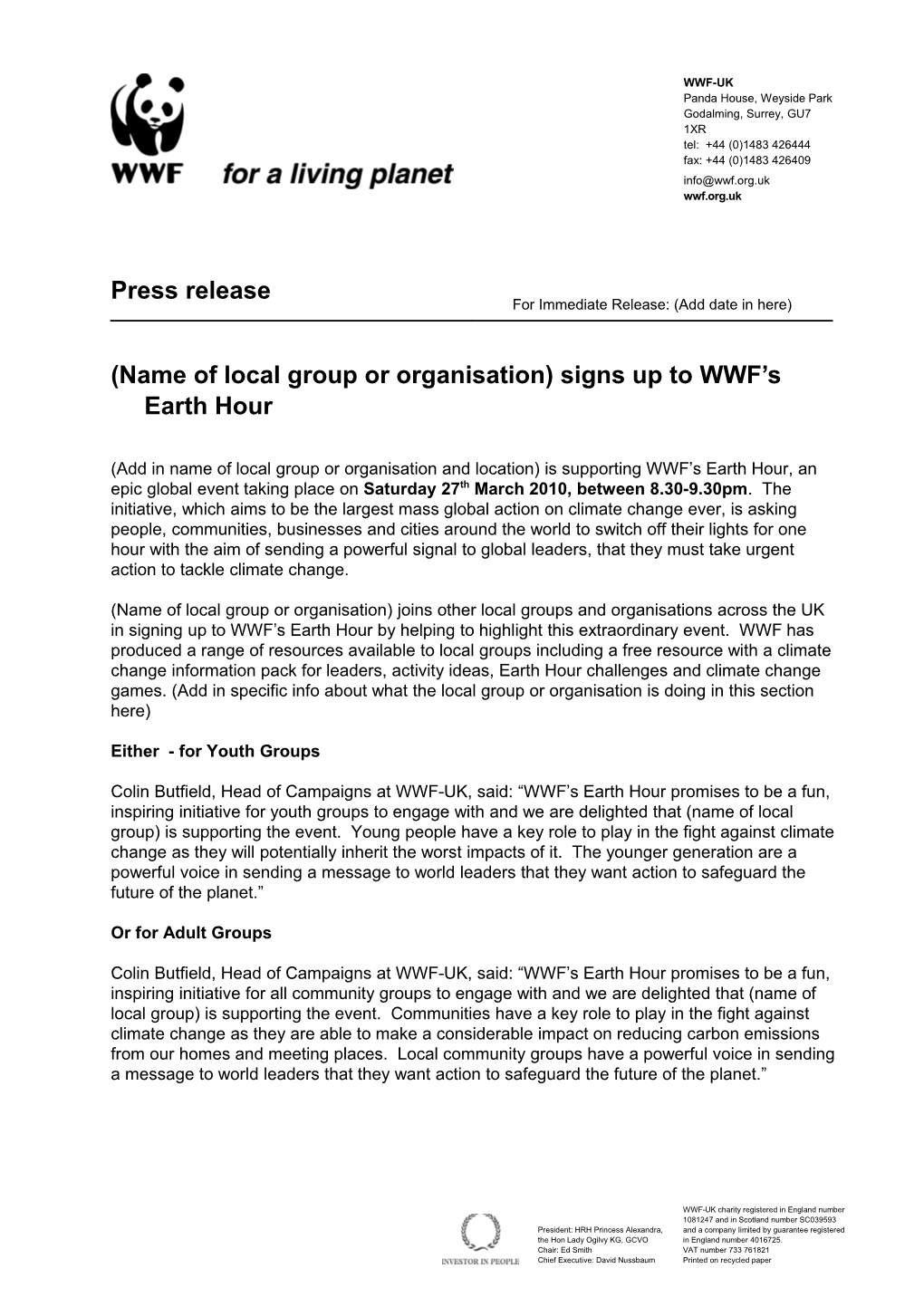 (Name of Local Group Or Organisation) Signs up to WWF S Earth Hour