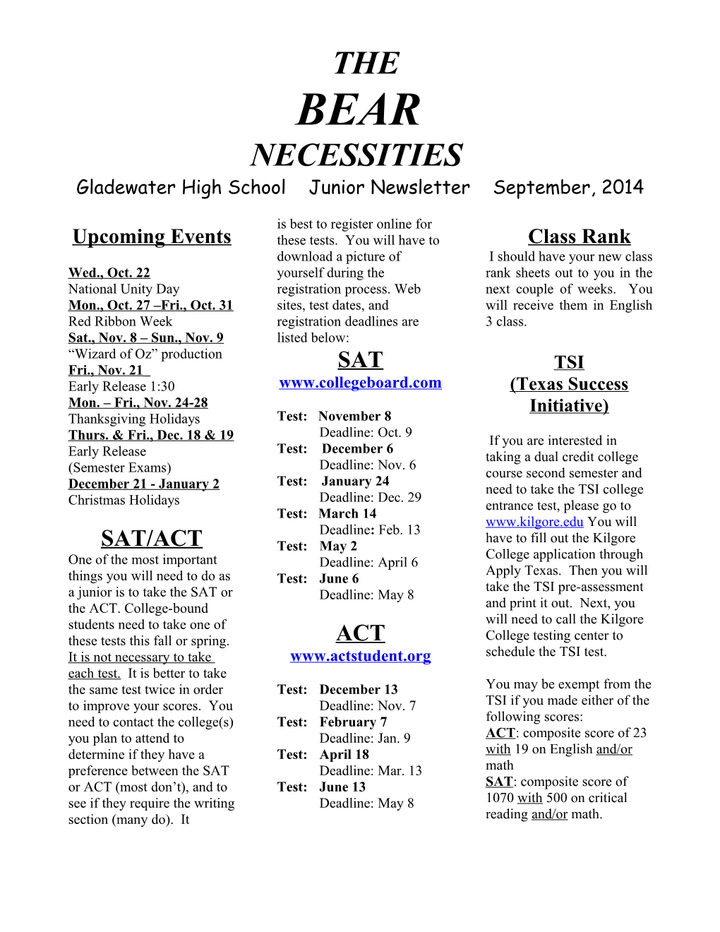 Gladewater High School Junior Newsletter September, 2014