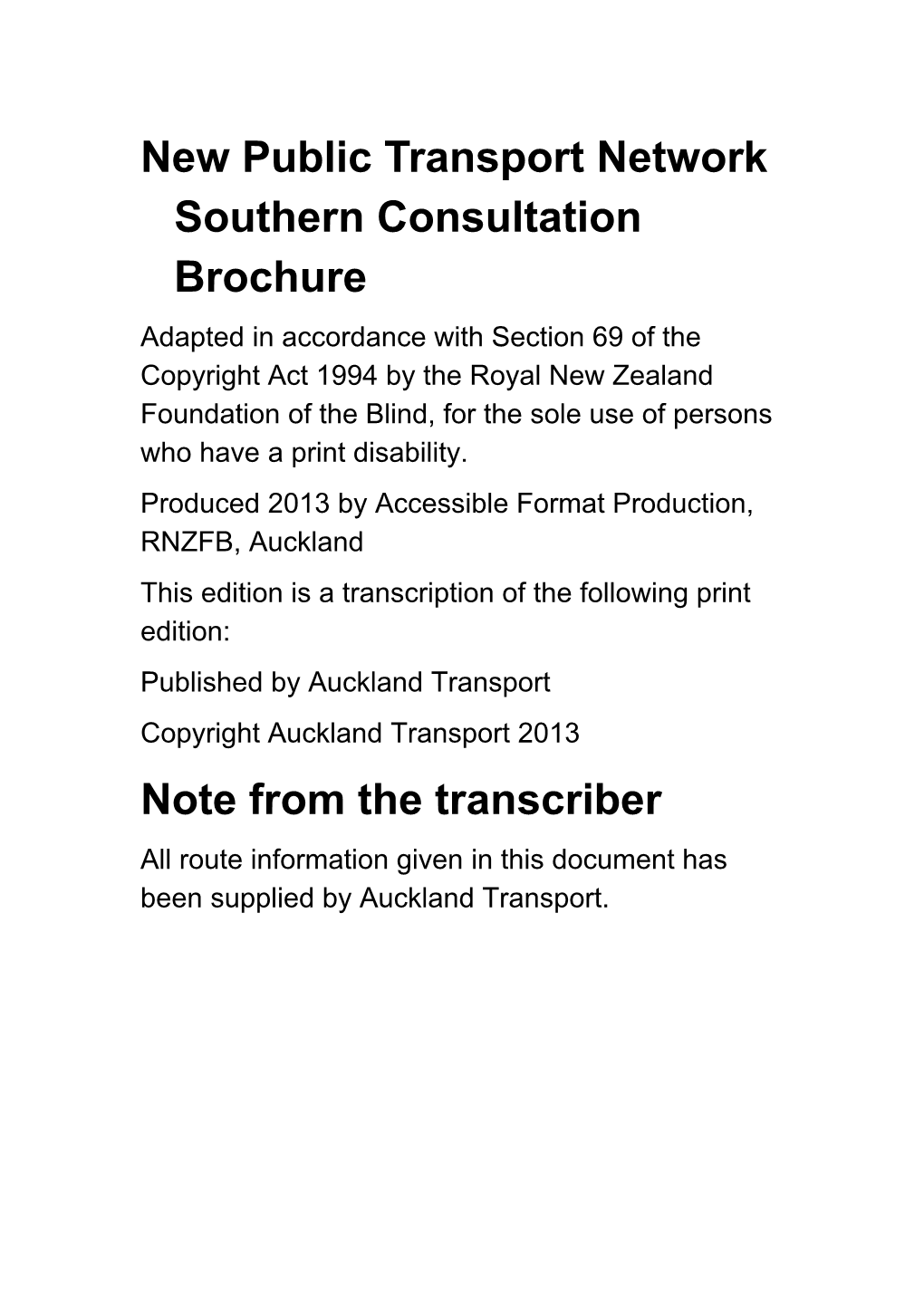 New Public Transport Network Southern Consultation Brochure