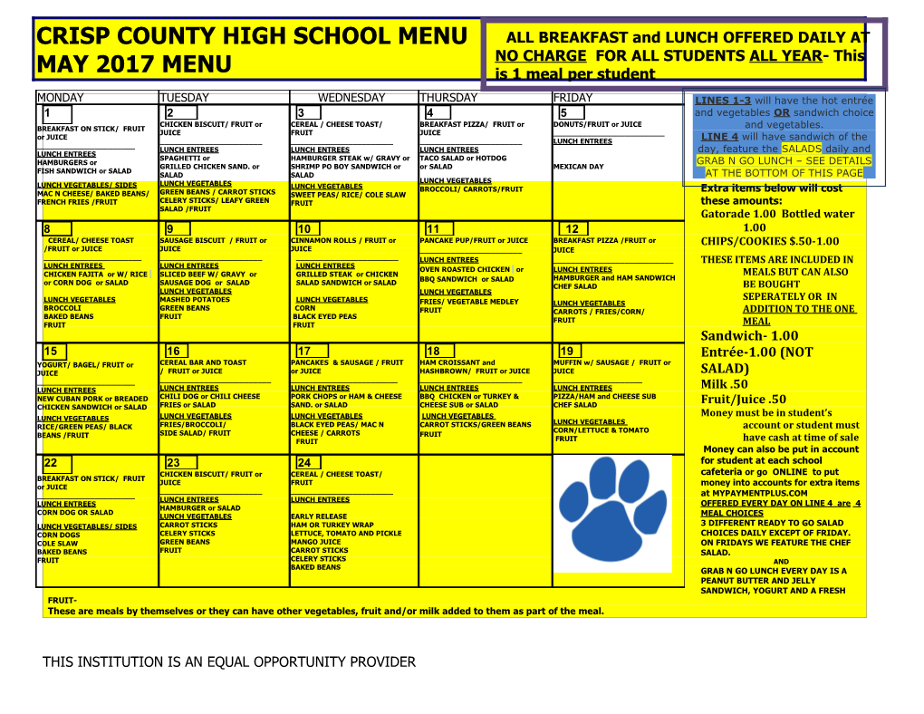 Crisp County High School Menu