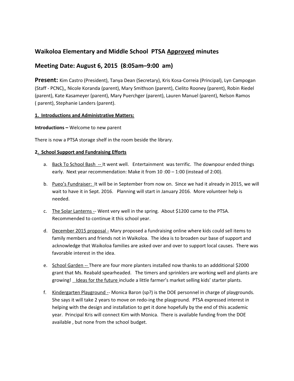 Waikoloa Elementary and Middle School PTSA Approved Minutes