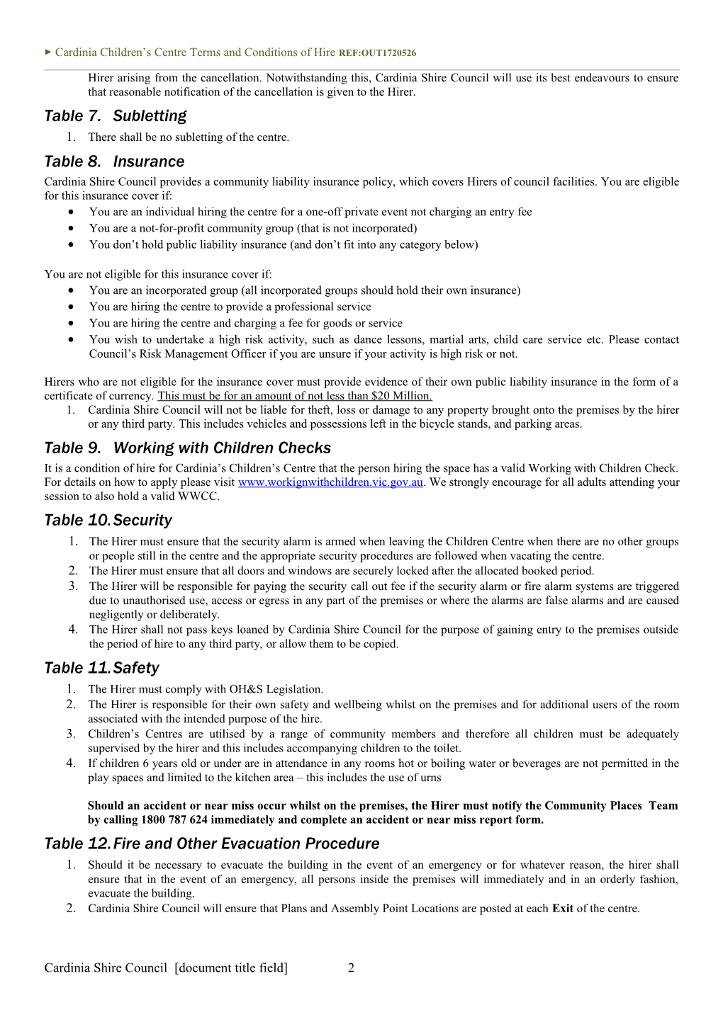 Cardinia Children S Centre Terms and Conditions of Hire