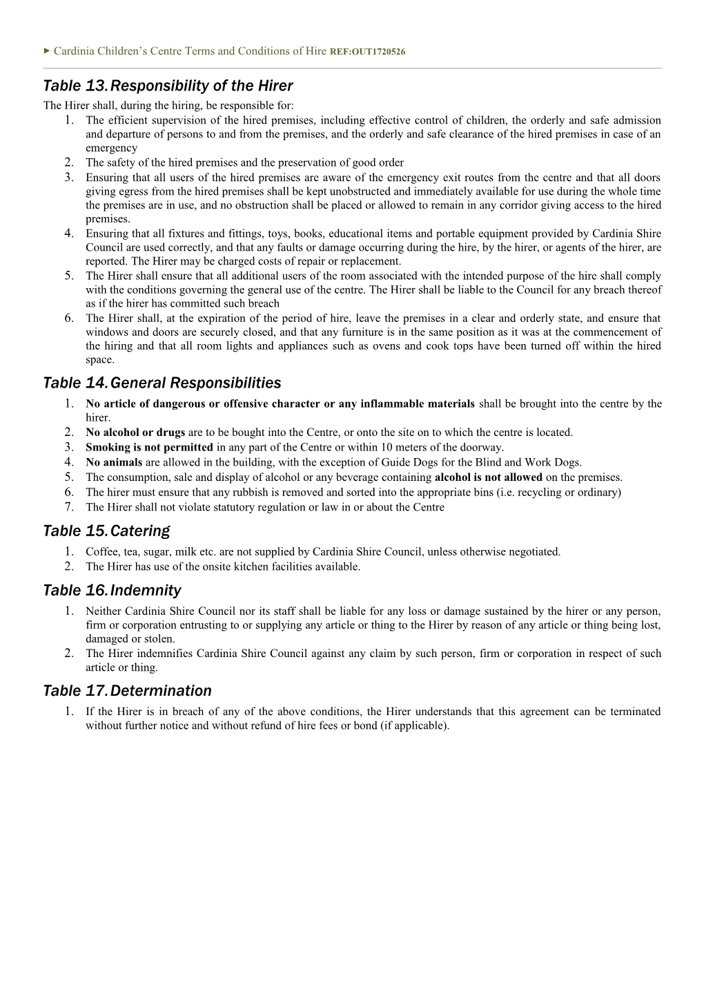 Cardinia Children S Centre Terms and Conditions of Hire