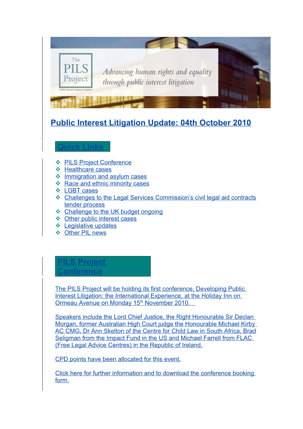 Public Interest Litigation Update: 04Th October 2010