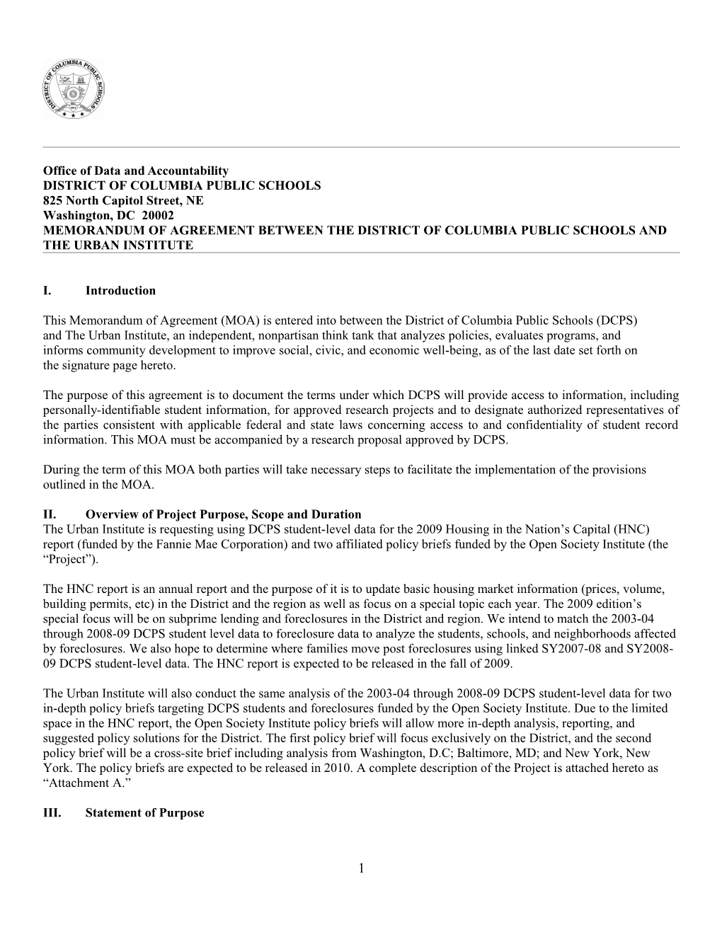 Memorandum of Agreement Between the District of Columbia Public Schools (Dcps) and The