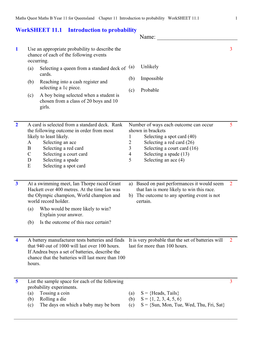 Maths Quest Maths B Year 11 for Queensland Chapter 11 Introduction to Probability Worksheet