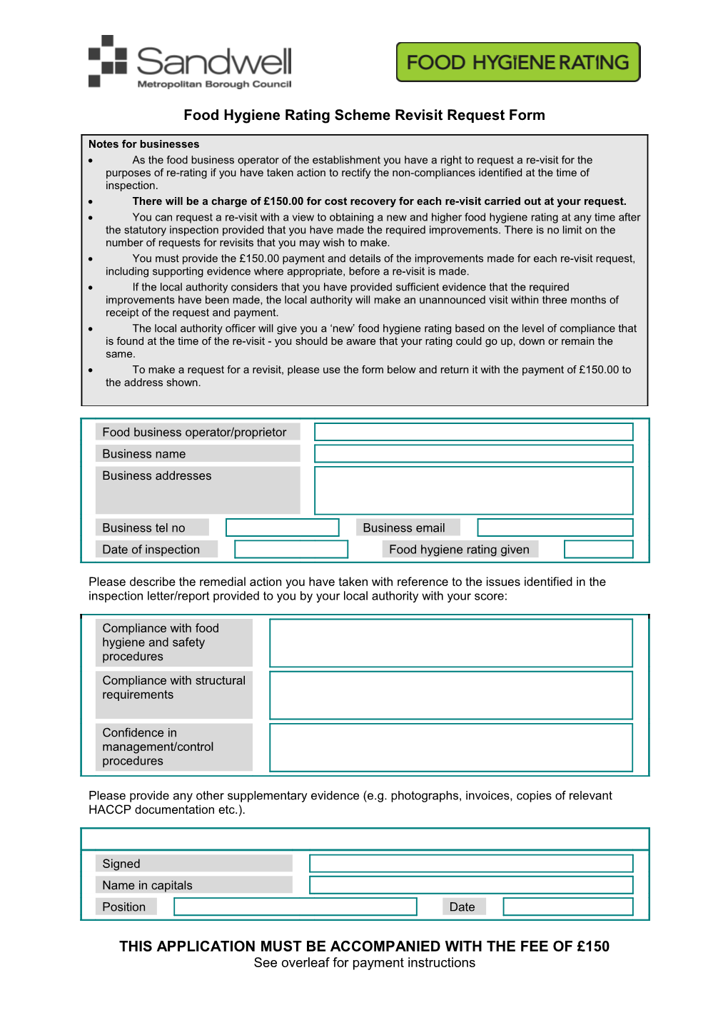 Food Hygiene Rating Scheme Revisit Request Form