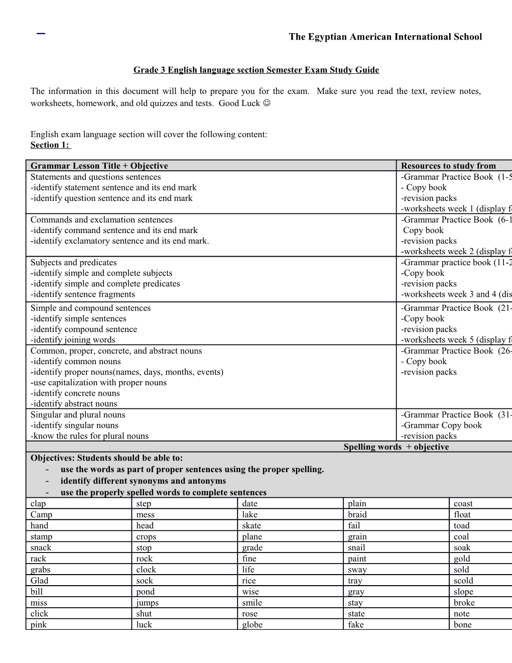 Grade 3 English Language Section Semester Exam Study Guide