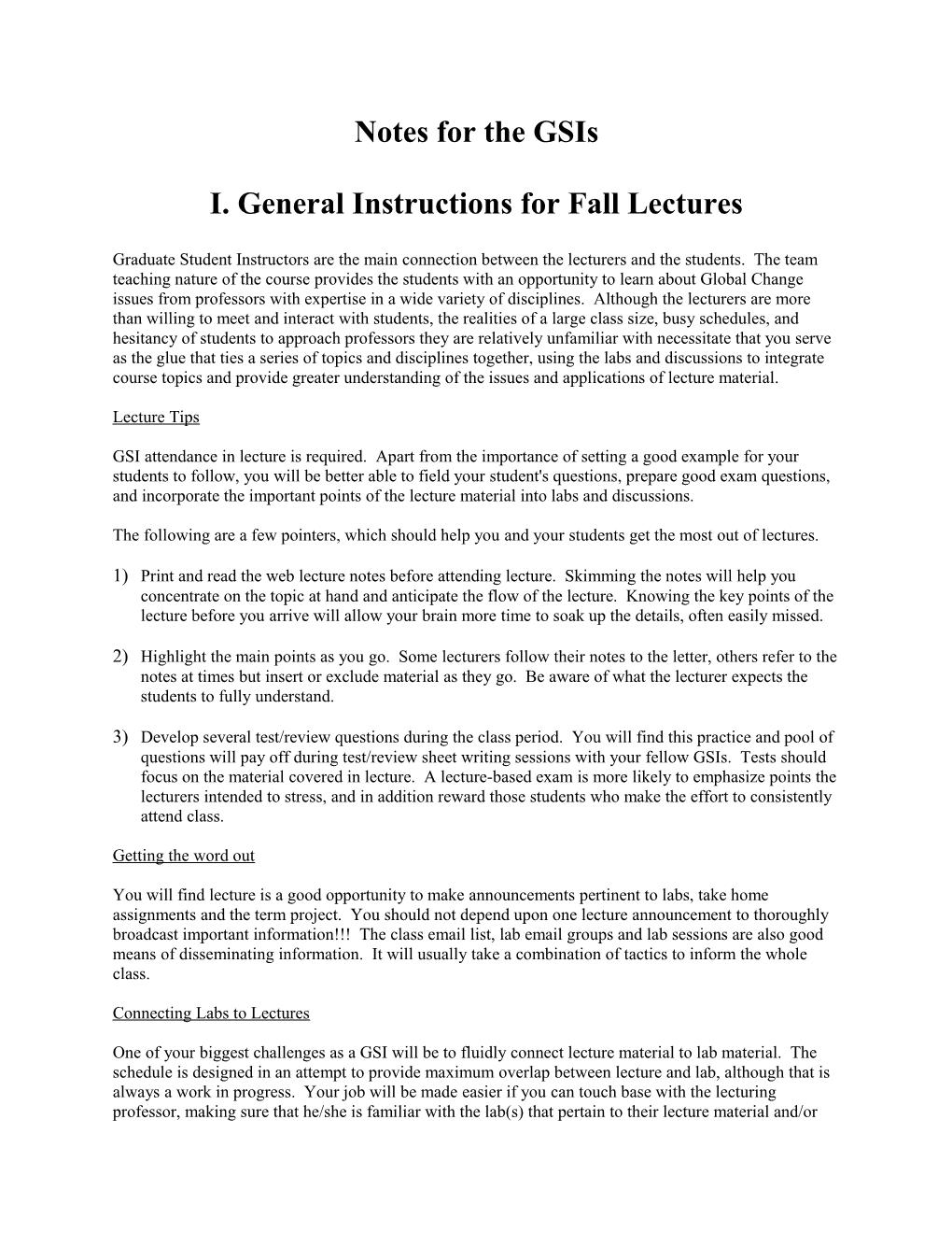 I. General Instructions for Fall Lectures