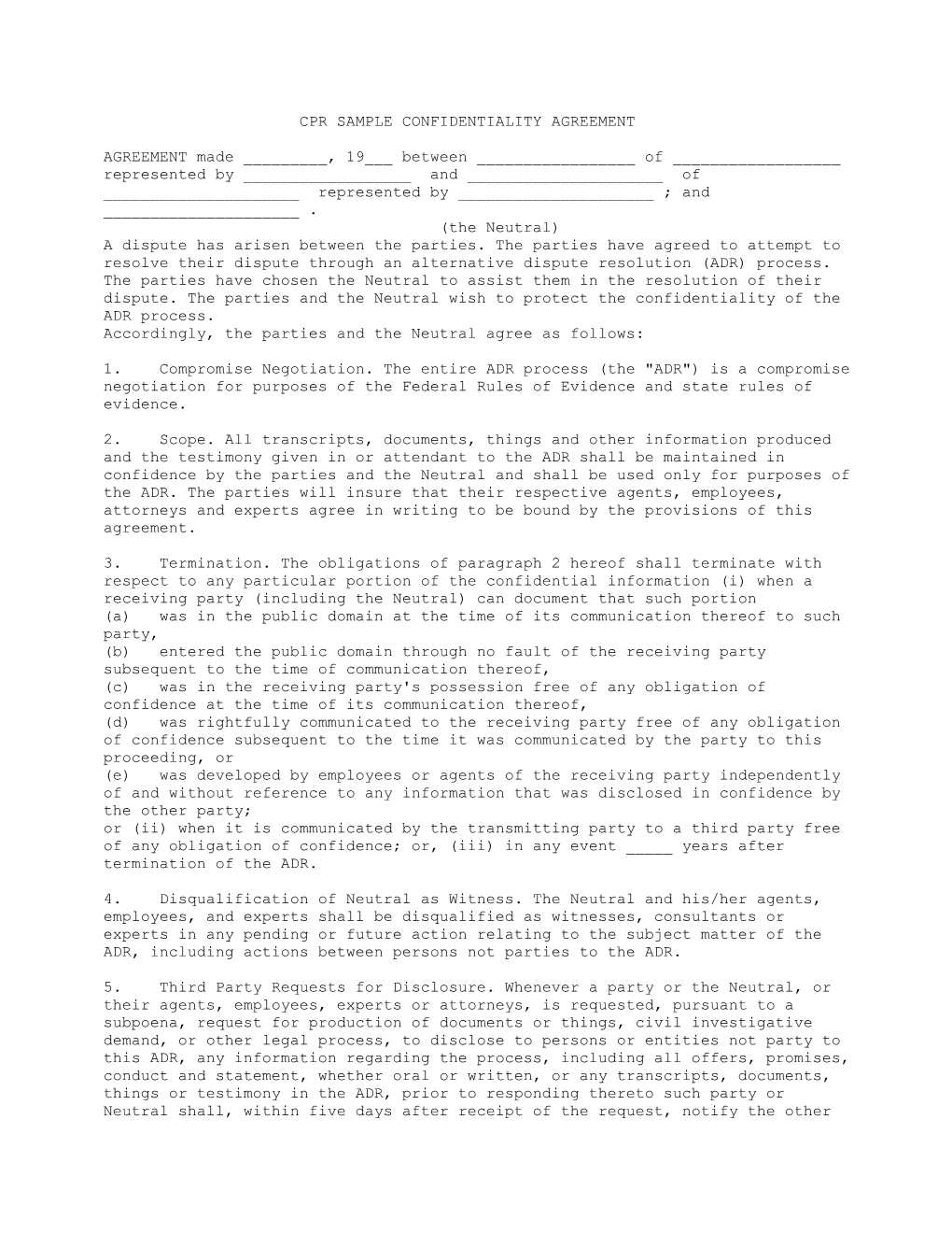 Cpr Sample Confidentiality Agreement
