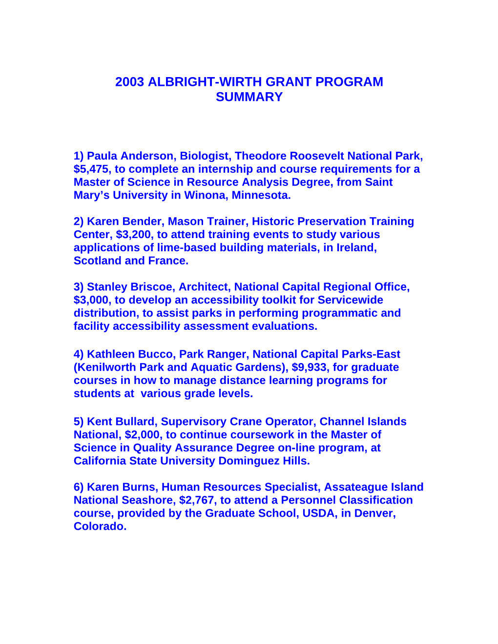 2003 Albright-Wirth Grant Program