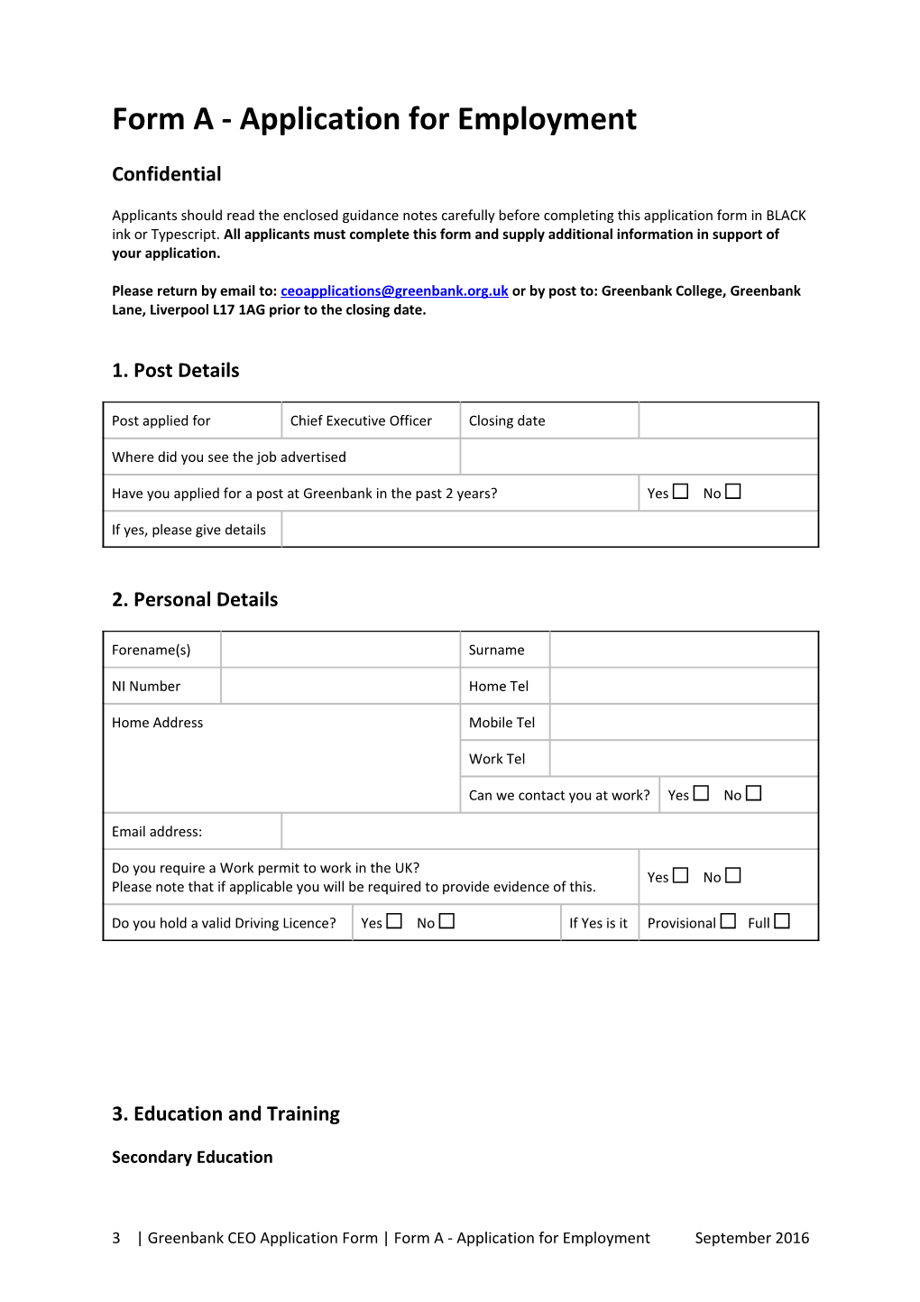 Greenbank Job Application Form