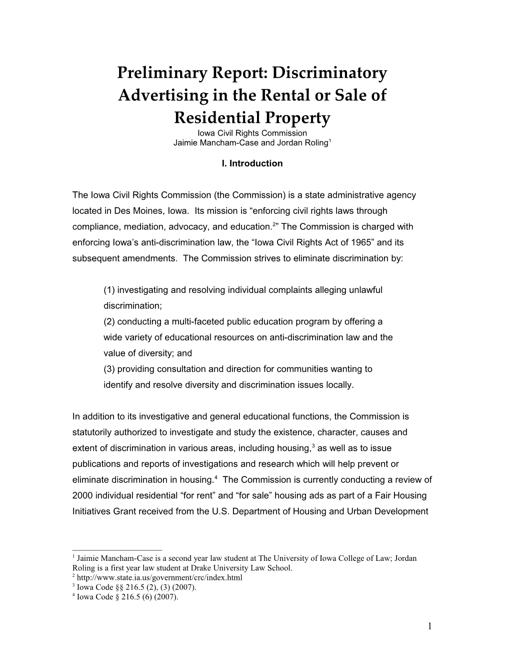 Preliminary Report: Discriminatory Advertising in the Rental Or Sale of Residential Property