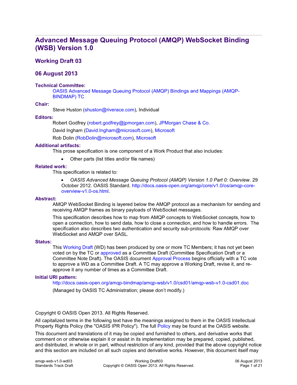 Advanced Message Queuing Protocol (AMQP) Websocket Binding (WSB) Version 1.0