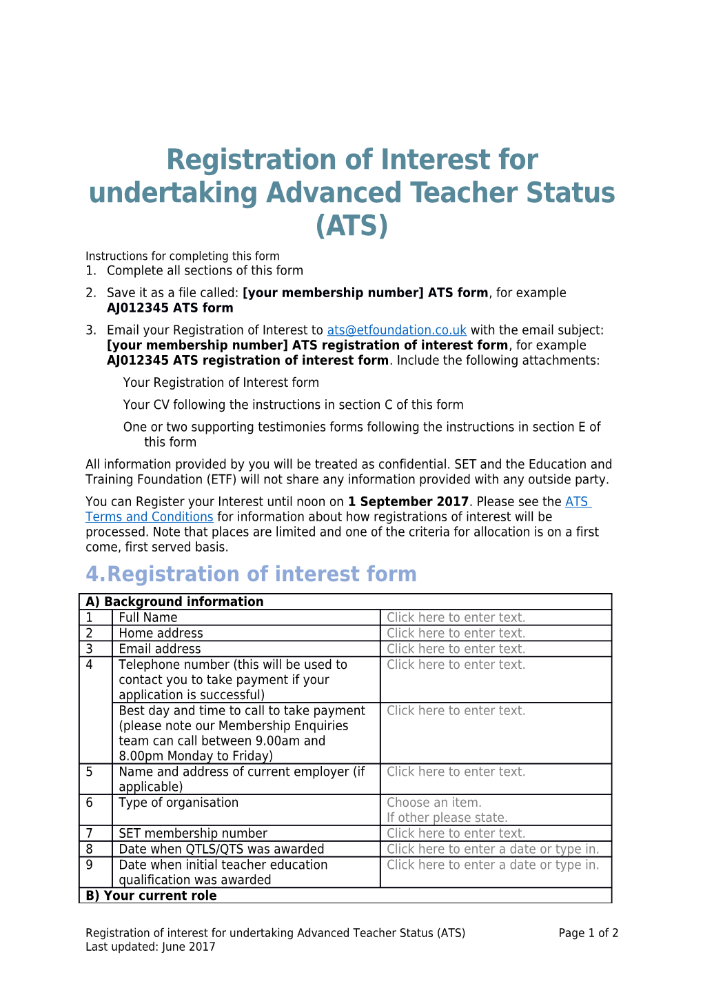 Registration of Interest for Undertaking Advanced Teacher Status (ATS)