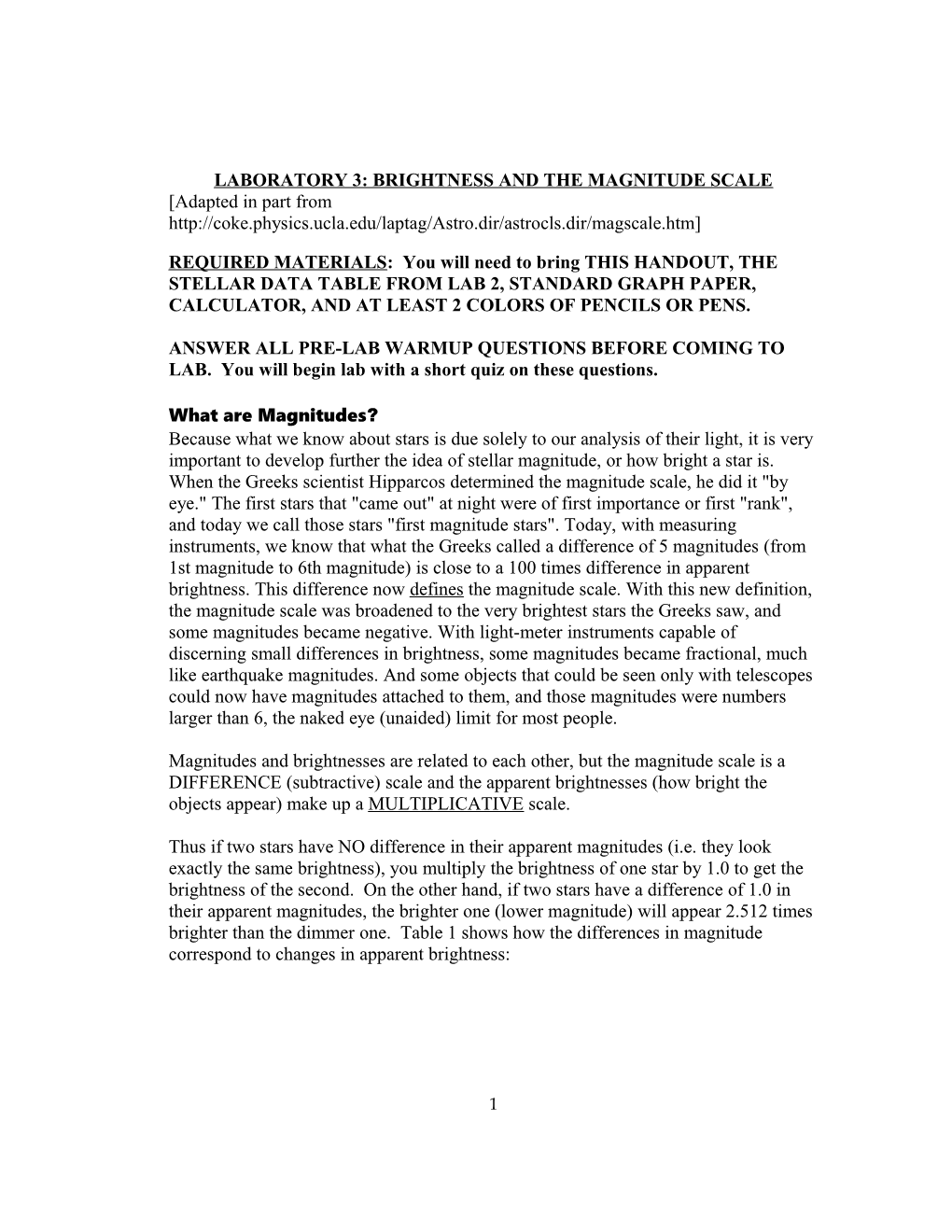 Laboratory 3: Brightness and the Magnitude Scale