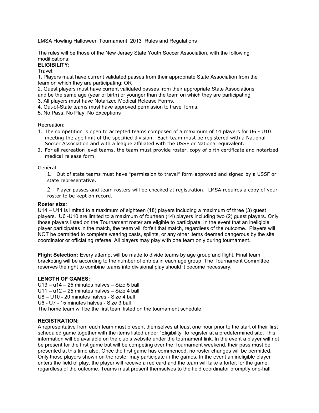 LMSA Howling Halloween Tournament 2013 Rules and Regulations