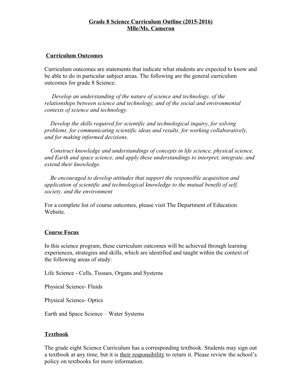 Grade 8 Science Curriculum Outline (2011-2012)