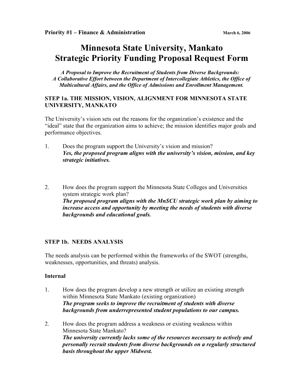 Priority #1 Finance & Administrationmarch 6, 2006