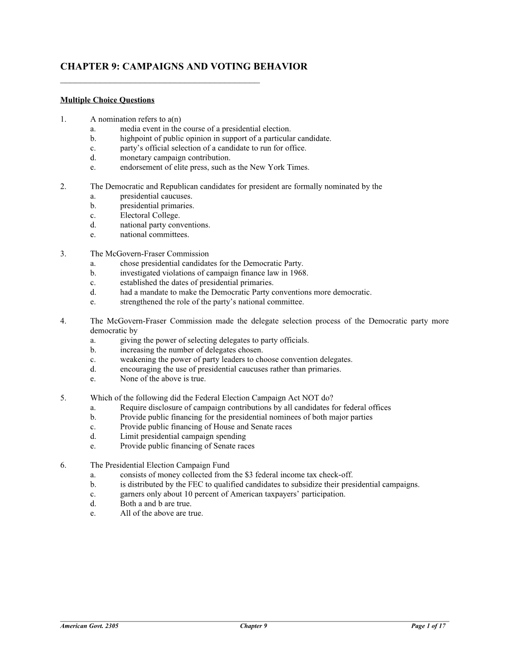 Chapter 9: Campaigns and Voting Behavior