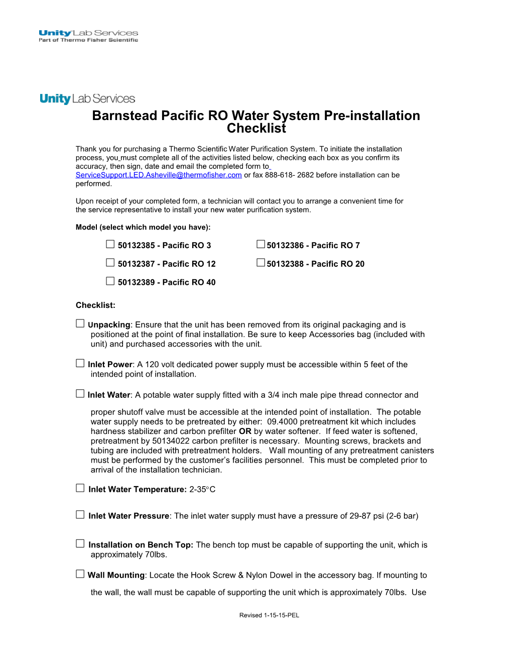 Barnstead Pacific RO Water System Pre-Installation Checklist