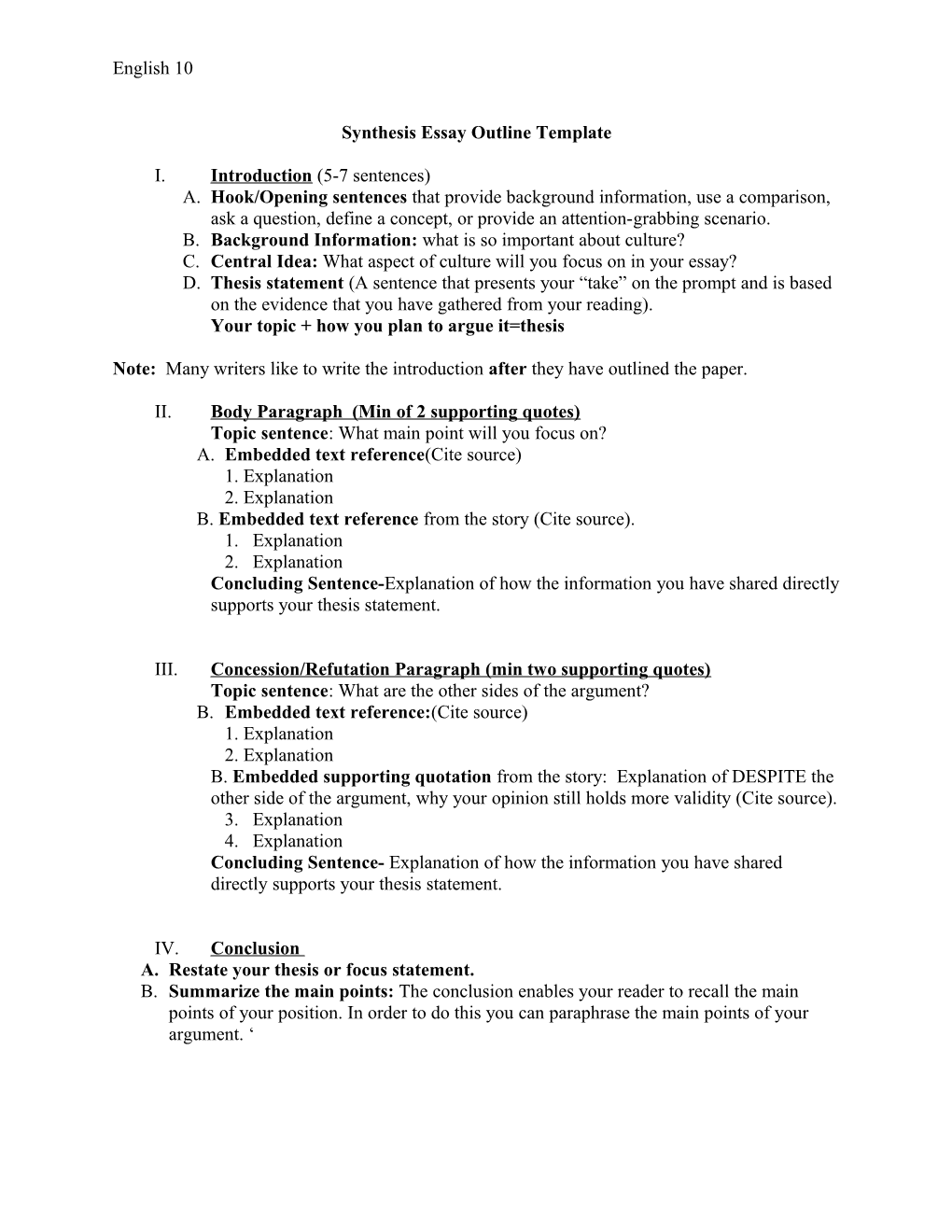 Synthesis Essay Outline Template