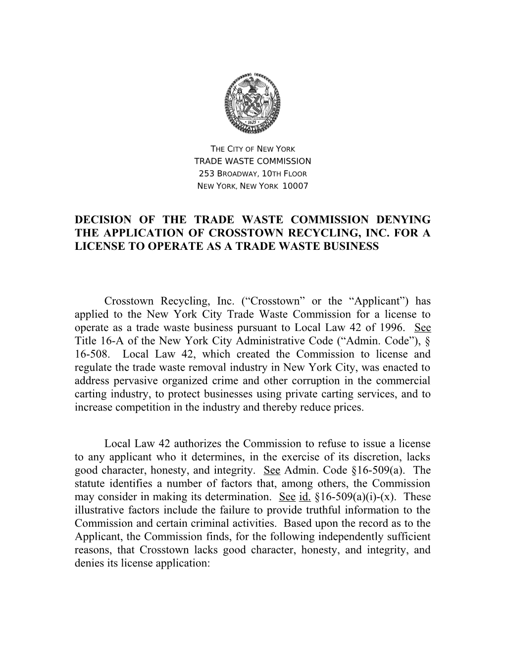 Recommendation That the Trade Waste Commission Deny the Applications of Staten Island Carting