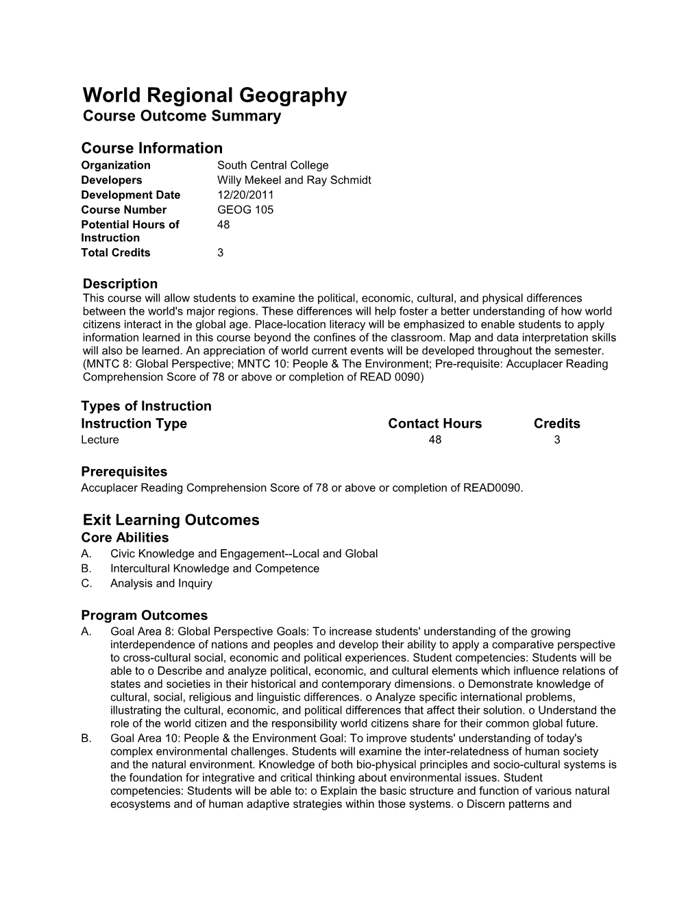 World Regional Geography Course Outcome Summary