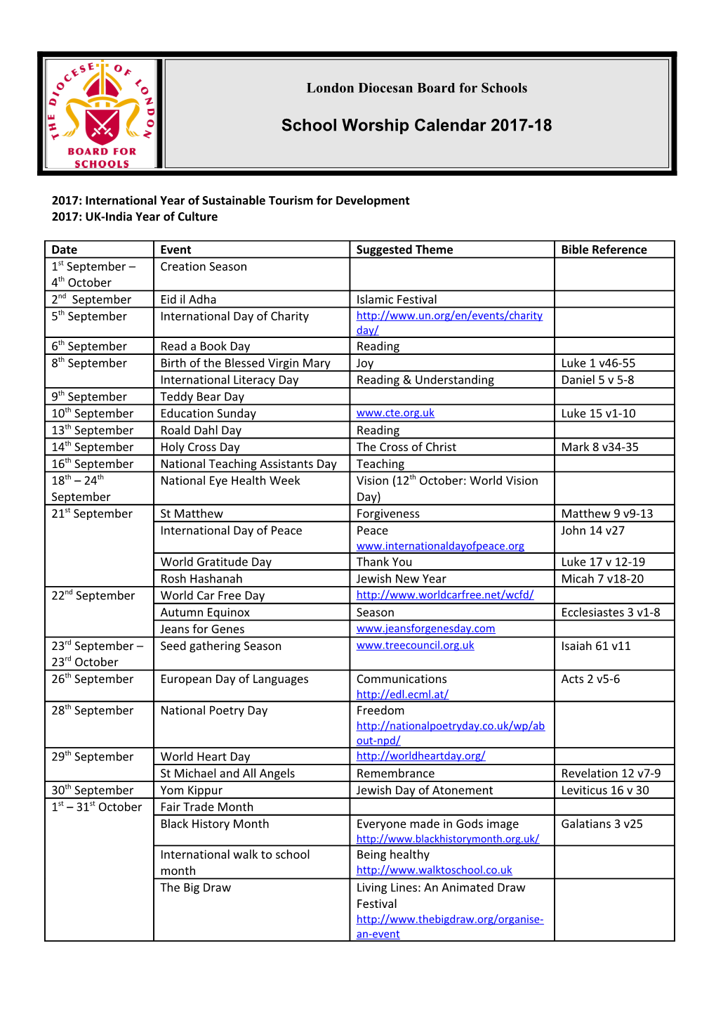 School Worship Calendar 2005-06