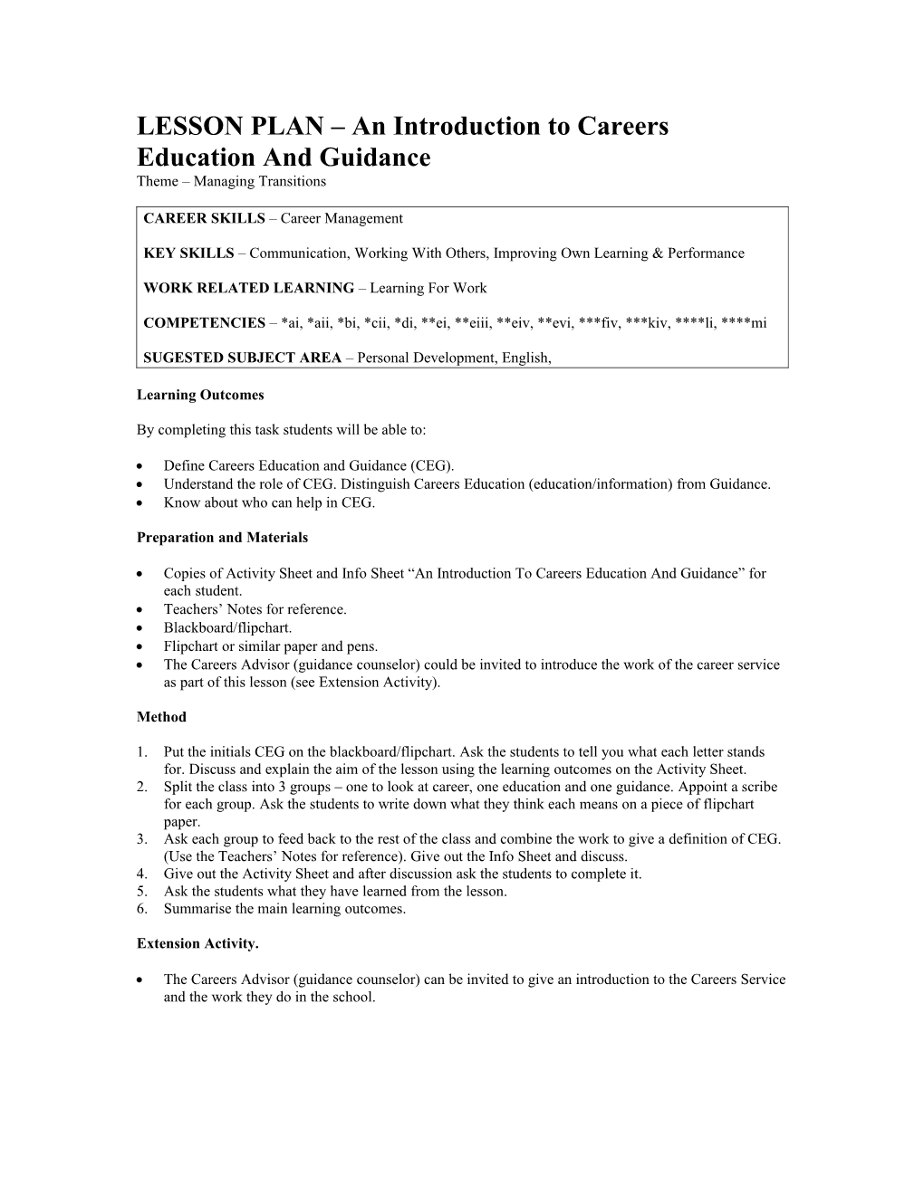 LESSON PLAN an Introduction to Careers Education and Guidance