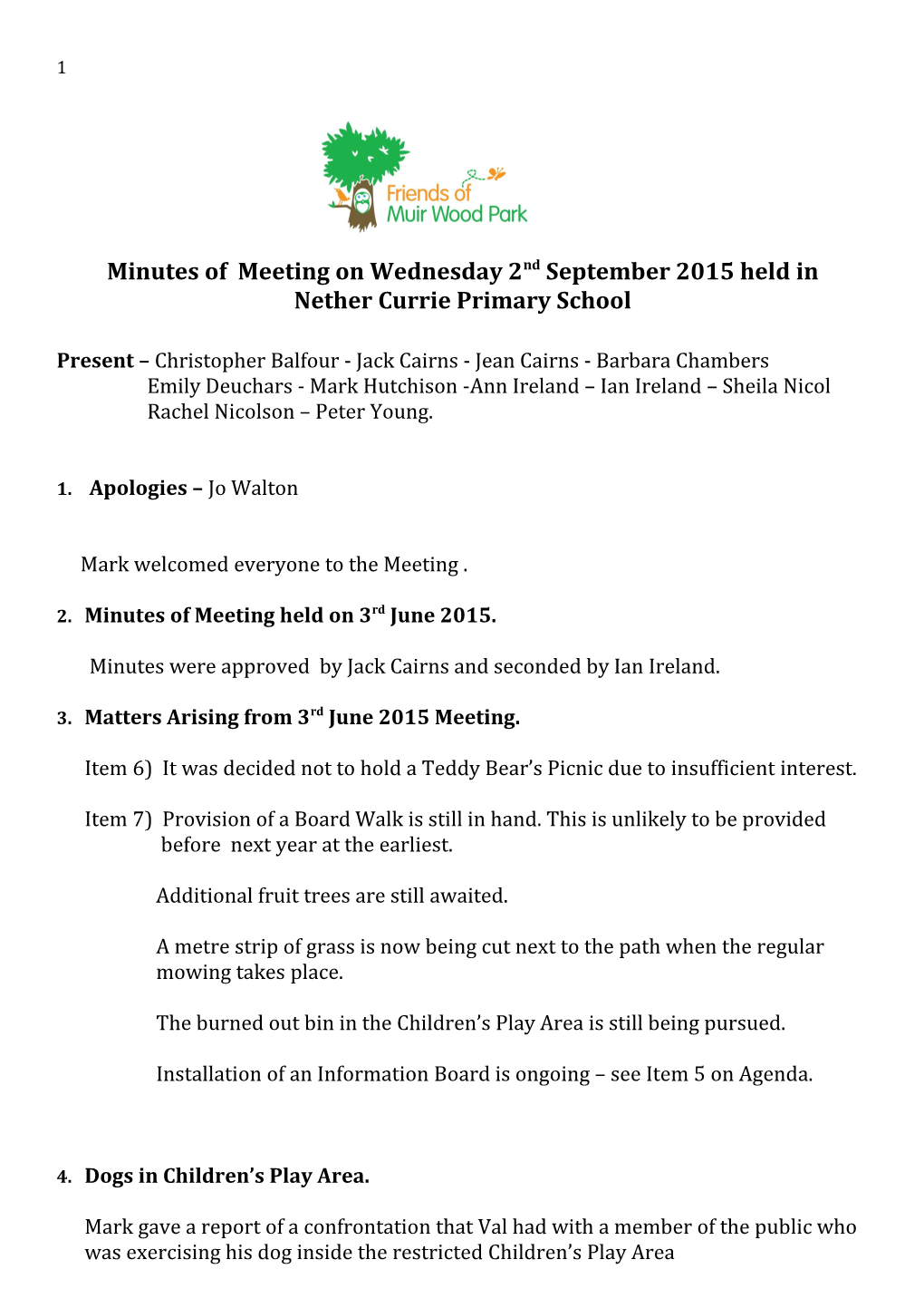 Minutes of Meetingon Wednesday 2Nd September 2015 Held In