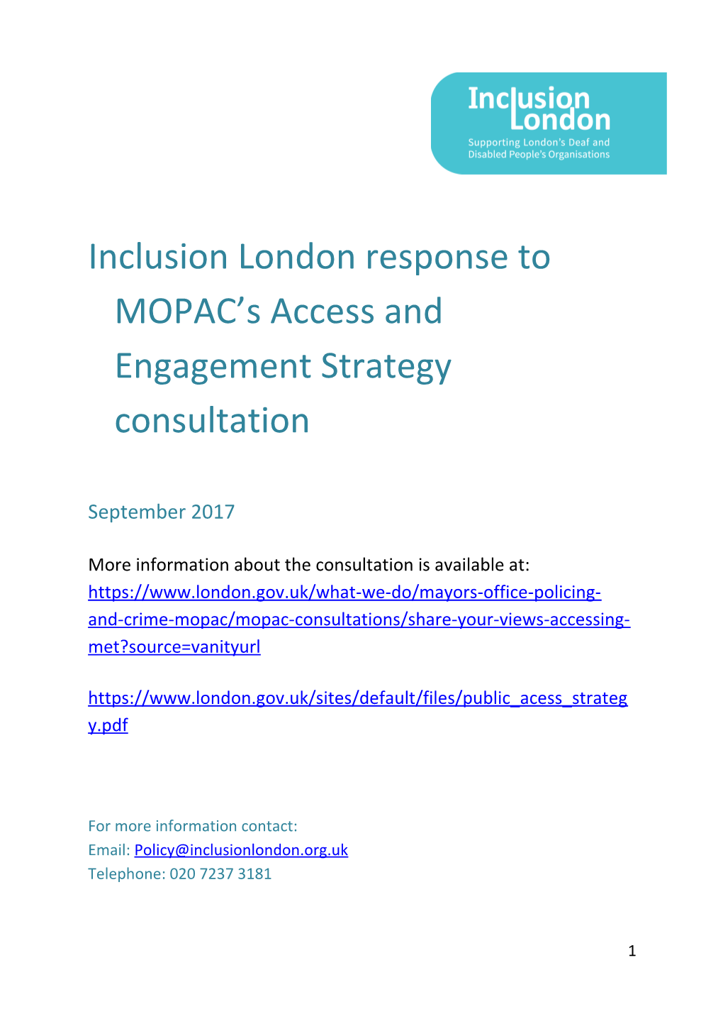 Inclusion London Response to MOPAC S Access and Engagement Strategy Consultation