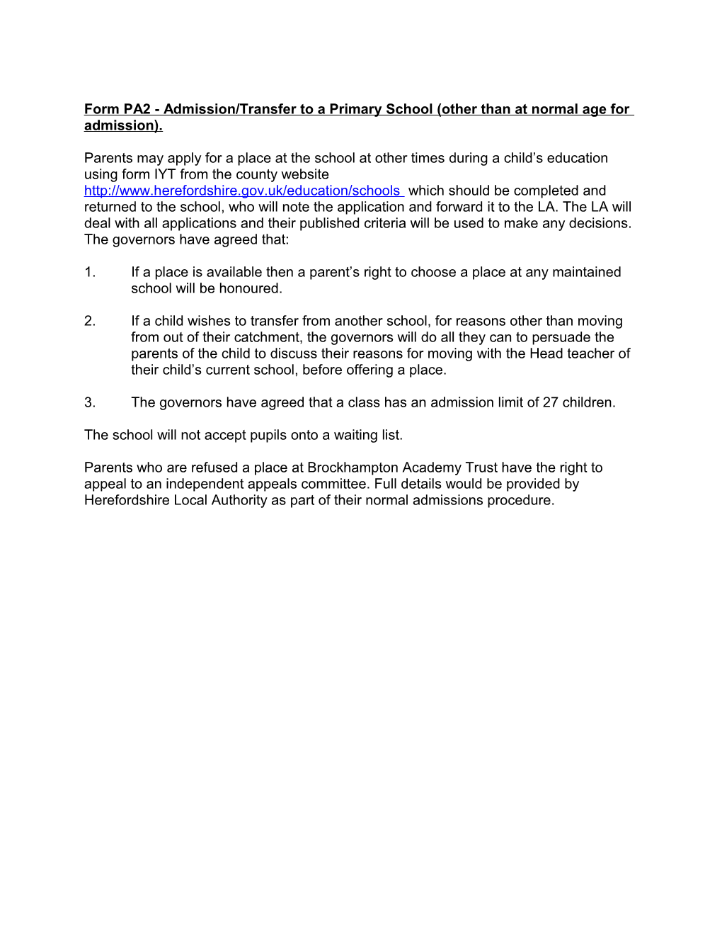 Brockhampton Primary School Admissions Policy