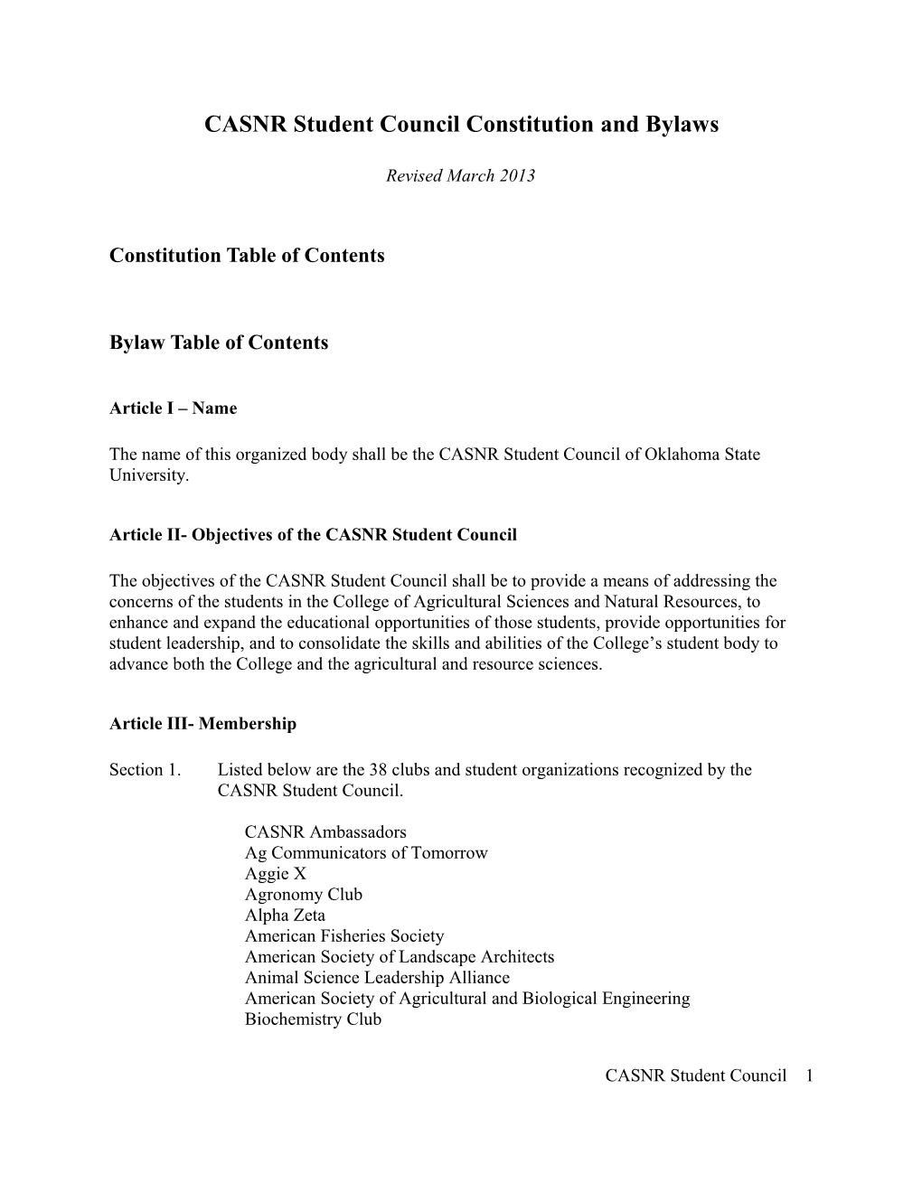 CASNR Student Council Constitution and Bylaws