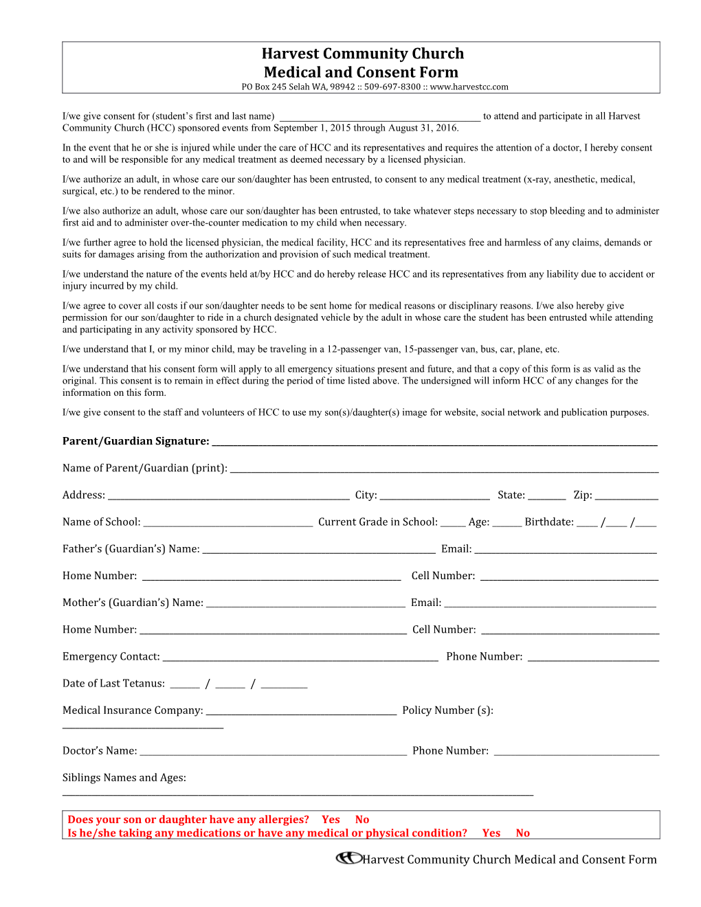 Medical and Consent Form