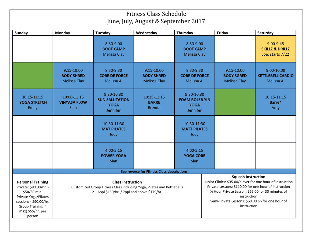 The Boathouse Fitness Center Schedule