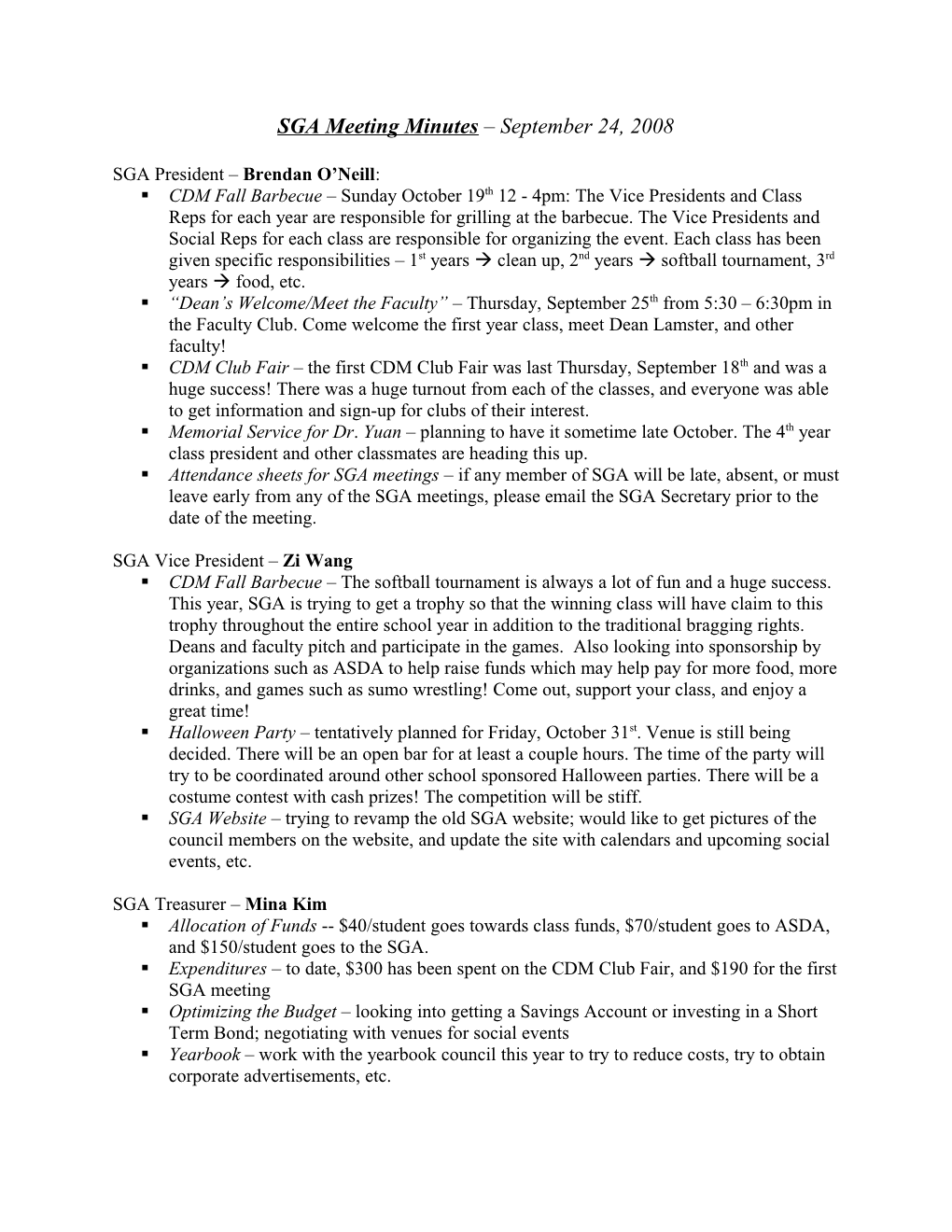 SGA Meeting Minutes September 24, 2008