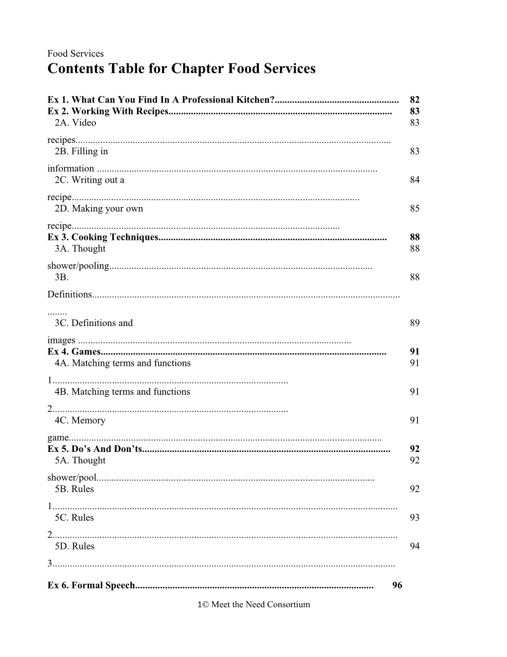 Contents Table for Chapter Food Services