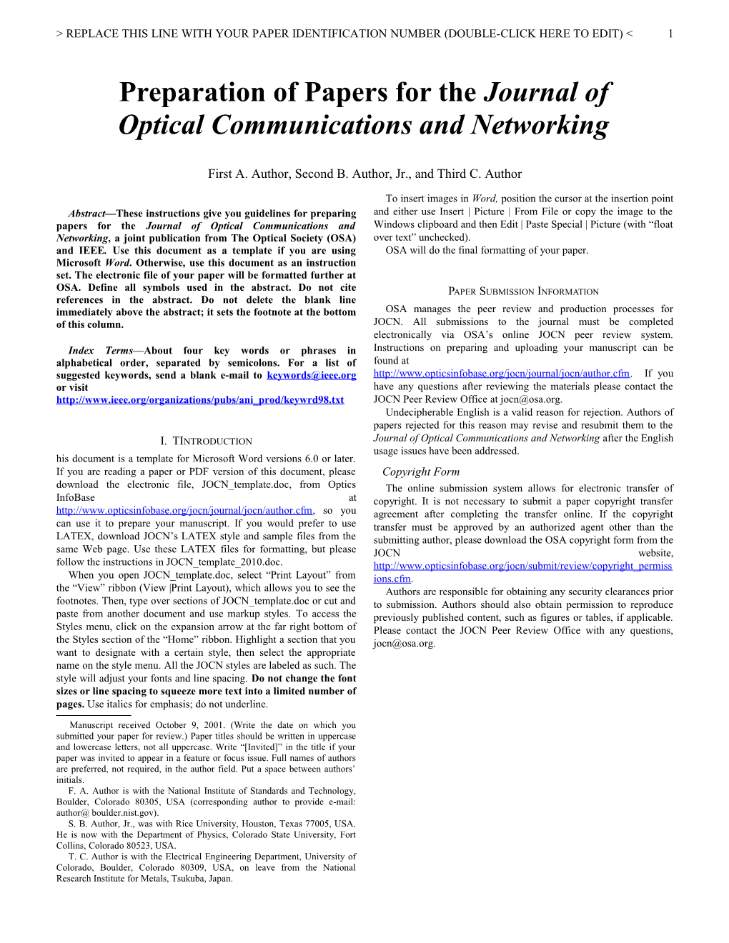 Preparation of Papers for the Journal of Optical Communications and Networking