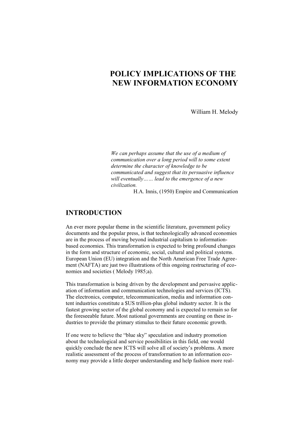 Policy Implications of the New Information Economy