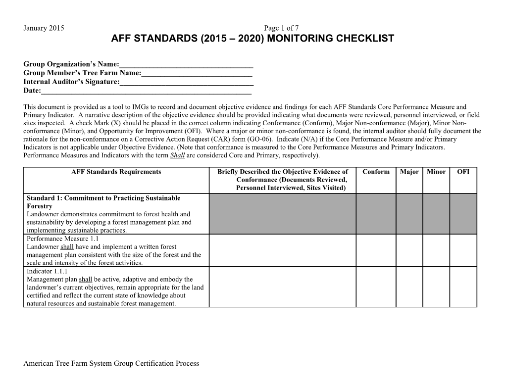 Aff Standards (2015 2020) Monitoring Checklist