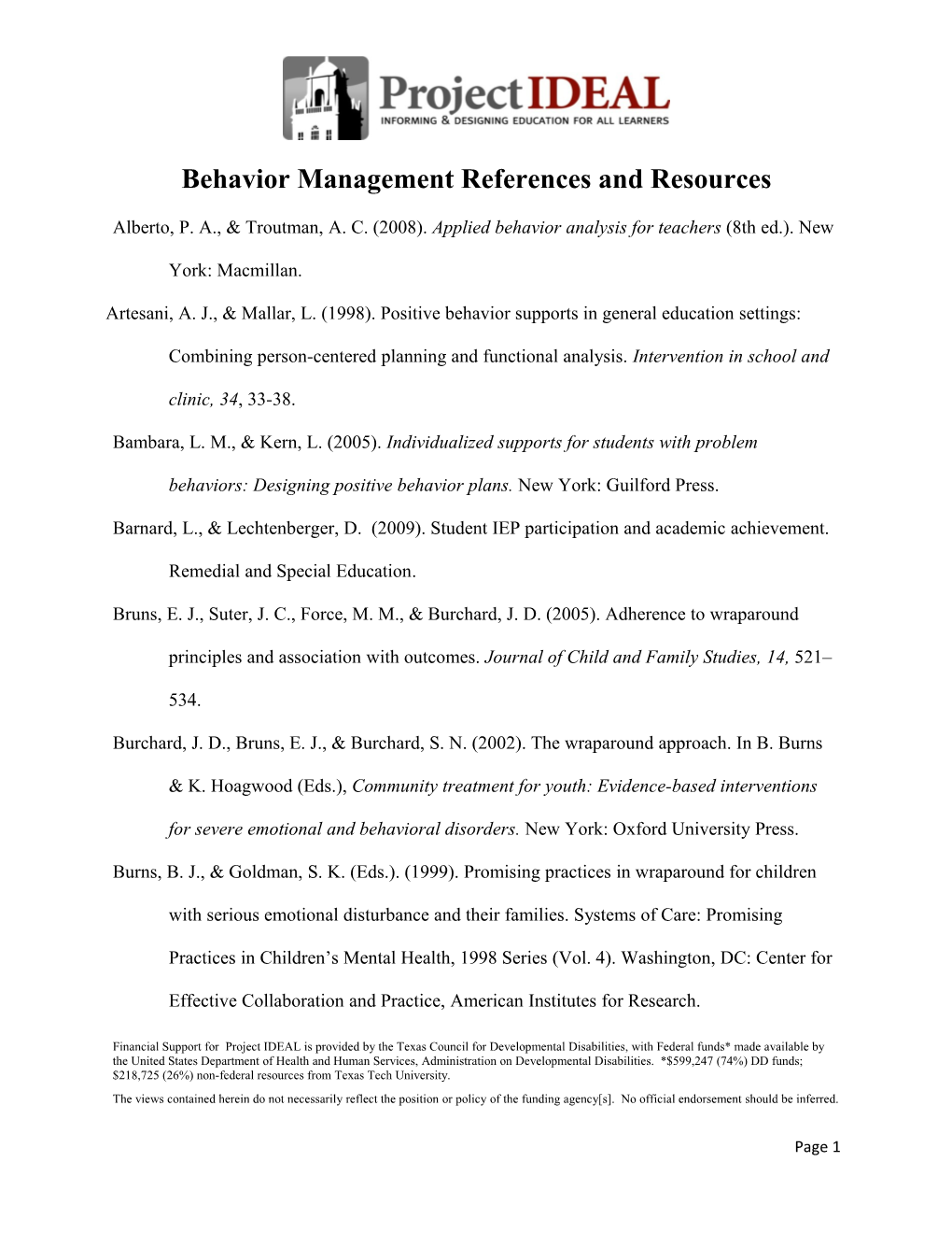Behavior Management References and Resources