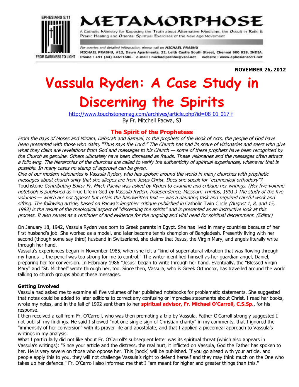 Vassula Ryden: a Case Study in Discerning the Spirits
